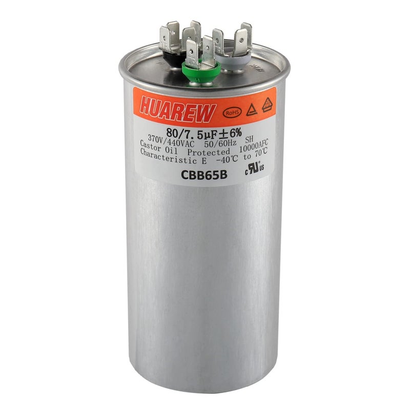 HUAREW 80/7.5 uF 80+7.5 MFD Â±6% 370V/440V CBB65B AC Capacitor Dual Run Round Capacitor Replacement 80 7.5 uF MFD 370 440 Volt VAC for AC Unit Fan Motor Start or Heat Pump or Condenser Straight Cool - Image 1
